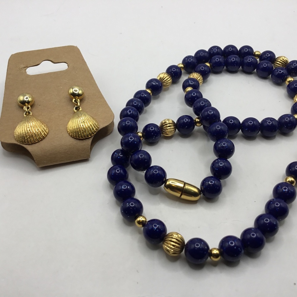 Blue and Gold Beaded Necklace and Earring Set